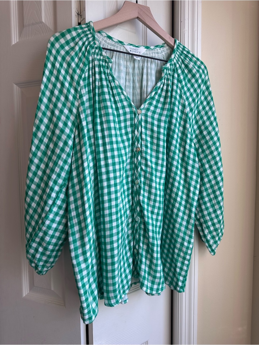 Market & Spruce Green and White Gingham Peasant Blouse